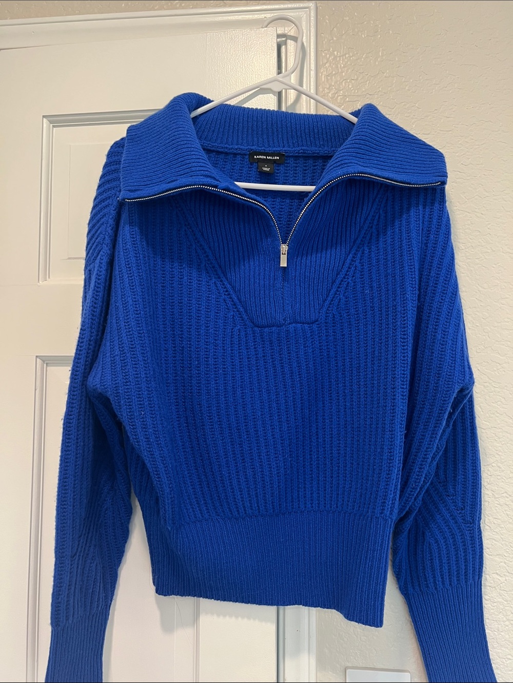 Karen Millen Electric Midnight Blue Half-Zip Ribbed Sweater, small